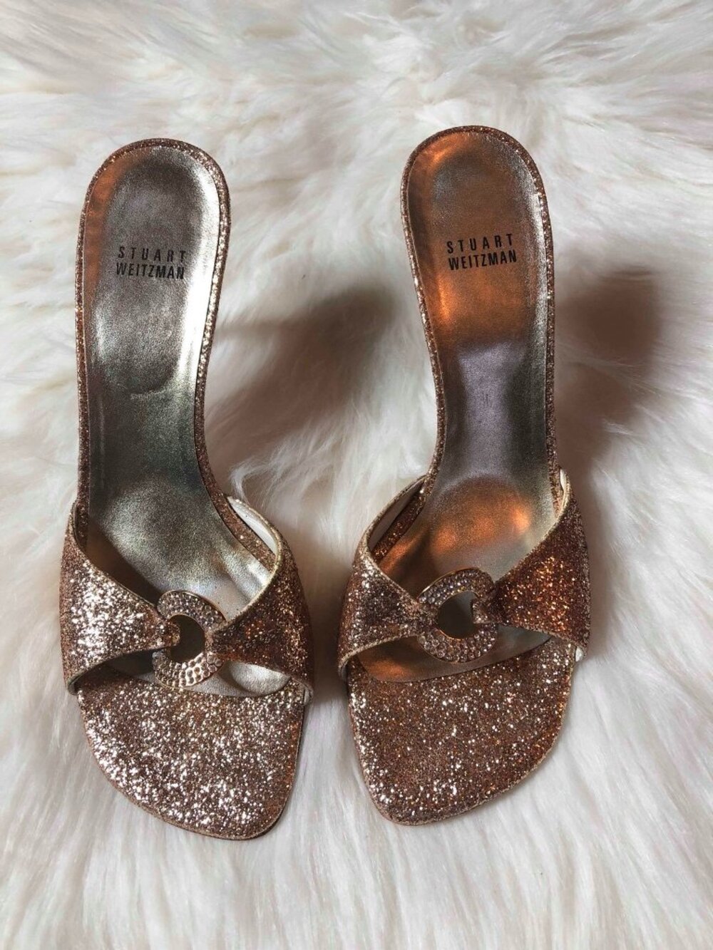 Stuart Weitzman Mule Pumps Gold Glitter Rhinestones